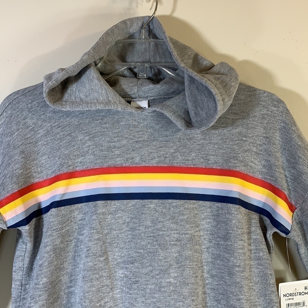 NWT. Nordstrom Girl’s L Grey Heather Rainbow Cotton Blend Puff Sleeve Hoodie. - Picture 3 of 8